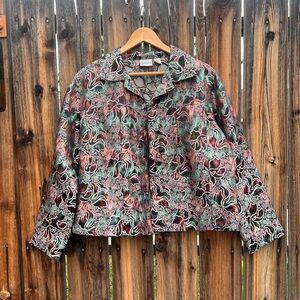 Vintage Chico’s Metallic Silk Blend Ornate Boho Hippie Shirt Jacket Size 2 Small